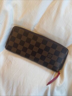 Louis Vuitton Damier Ebene Checkerboard Wallet with Burgundy Pull